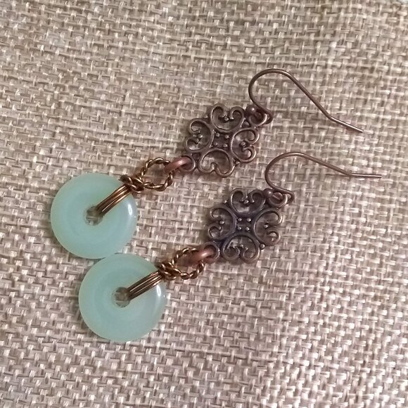 Green Aventurine & Copper Filigree Dangle Earrings - Picture 2 of 11